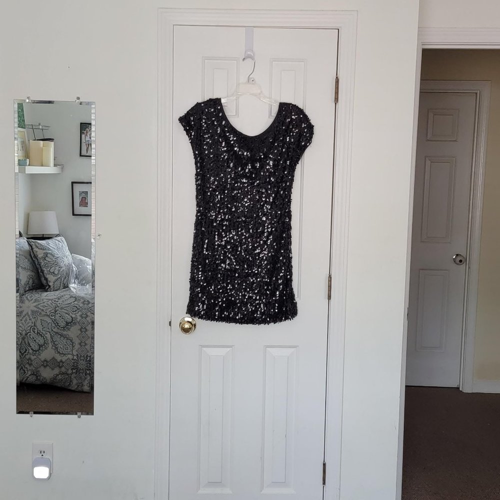 Black Sequin Mini Dress, Backless with strappy design, Small